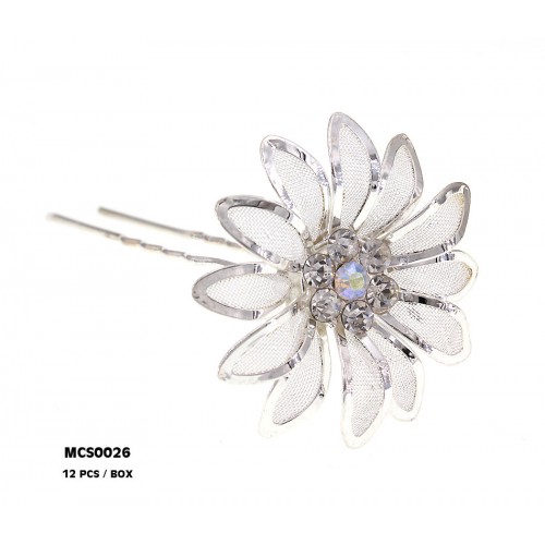 12 Piece Hair Stick Set - Silver Mesh Flower w/ Rhinestones - CS-MCS0026
